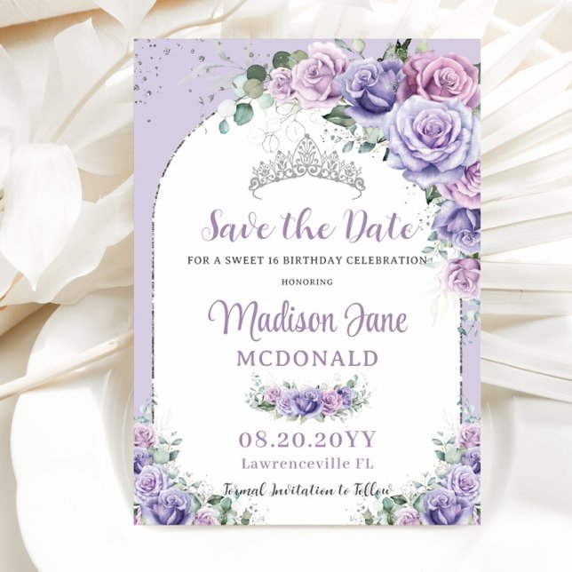 Chic Lila Lilac Blommigt Sweet 16 Silver Birthday Spara Datumet (Skapare uppladdad)