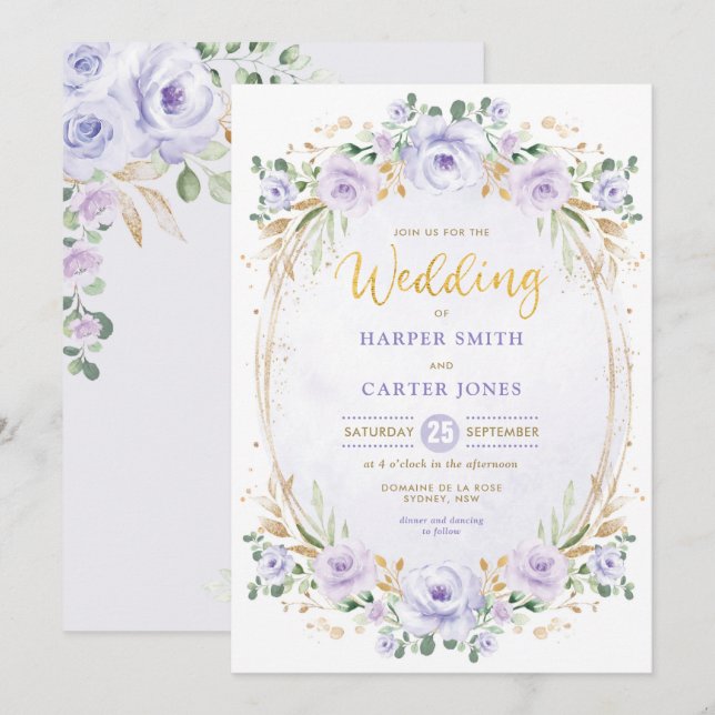 Chic Lila Lilac Guld Blommigt Garden Wedding Inbjudningar (Fram/baksida)