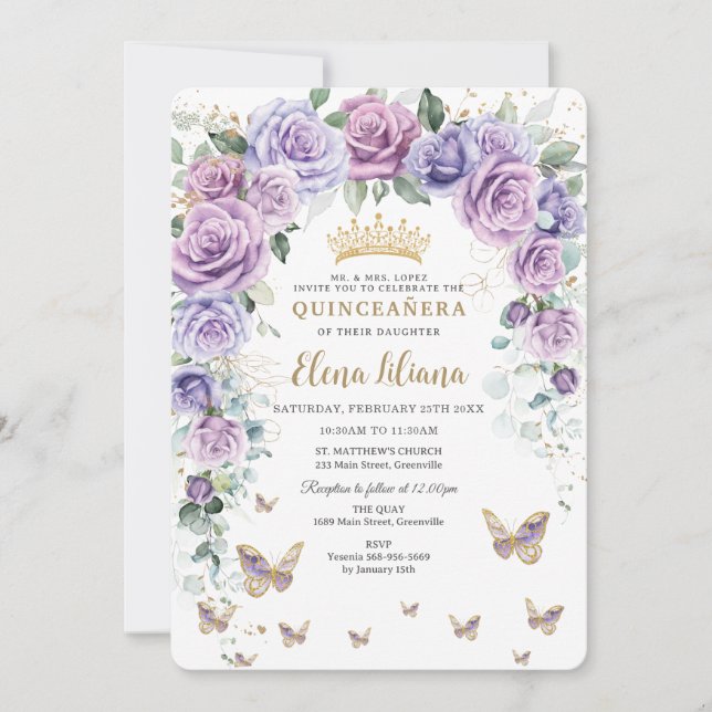 Chic Lila Lilac Lavender Blommigt Arch Quinceañera Inbjudningar (Framsida)