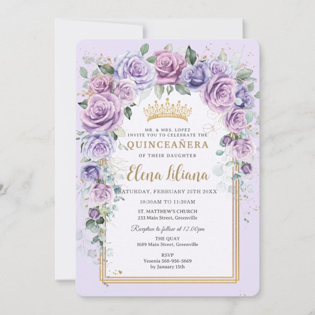 Chic Lila Lilac Lavender Blommigt Guld Quinceañera Inbjudningar (Framsida)