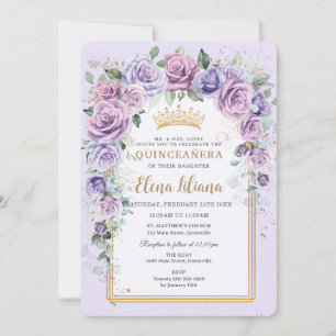 Chic Lila Lilac Lavender Blommigt Guld Quinceañera Inbjudningar