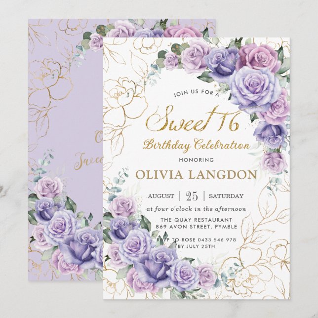Chic Lila Lilac Lavender Ro Sweet 16 Birthday Inbjudningar (Fram/baksida)