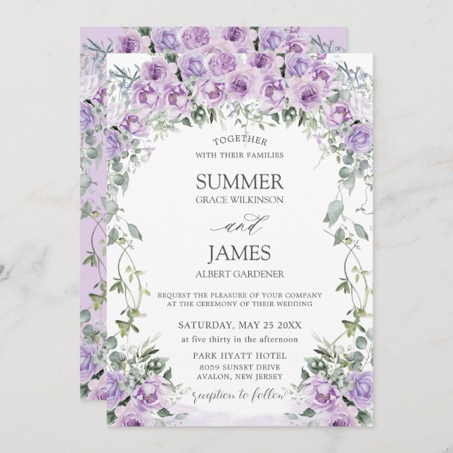 Chic Lila Lilac Ro Blommigt Garden Wedding Inbjudningar (Fram/baksida)