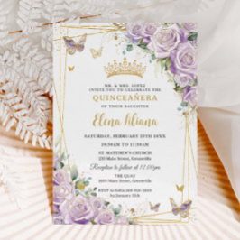 Chic Lila Lilac Ro Blommigt Guld Quinceañera XV Inbjudningar