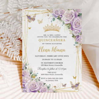 Chic Lila Lilac Ro Blommigt Guld Quinceañera XV Inbjudningar