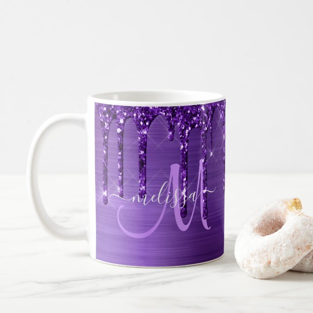 Chic Lila Metall Push Monogram från Glitter Kaffemugg (Med munk)