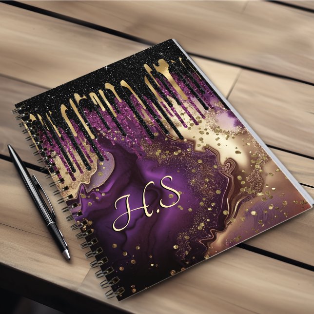 Chic lila och guld agate glitter droppar monogram anteckningsbok (Skapare uppladdad)
