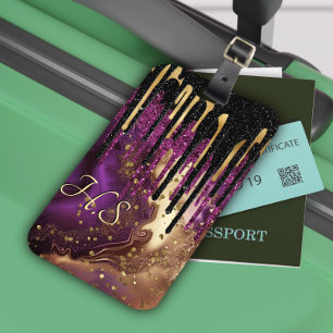 Chic lila och guld agate glitter droppar monogram bagagebricka