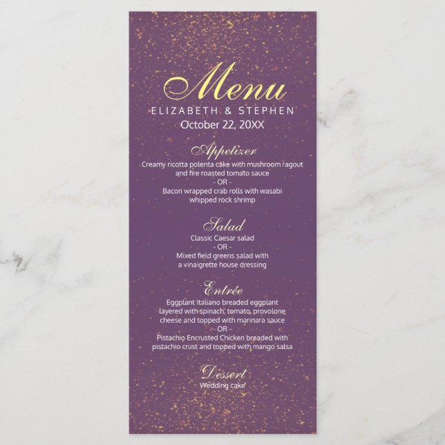Chic Lila och Guld Glitter Gnistra Bröllop Menu Meny (Framsida)