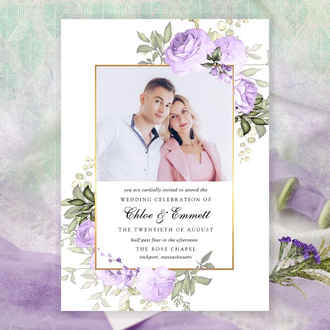 Chic Lila Ro Rustic Blommigt Bröllop Foto Inbjudningar (Skapare uppladdad)
