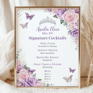 Chic lila rosa blomster Quinceanera Bar Dryck Meny Fototryck