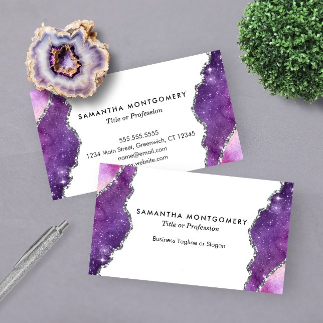 Chic Lila Rosa Silver Veins Agate Professionell Visitkort (Chic Purple Pink Silver Veins Agate Professional Business Card)