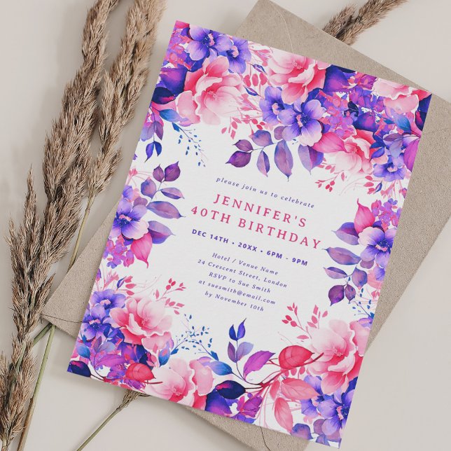 Chic Lila Vattenfärgad Blommigt 40 födelsedagar Inbjudningar (Chic Purple Watercolor Floral 40th Birthday Invitation)