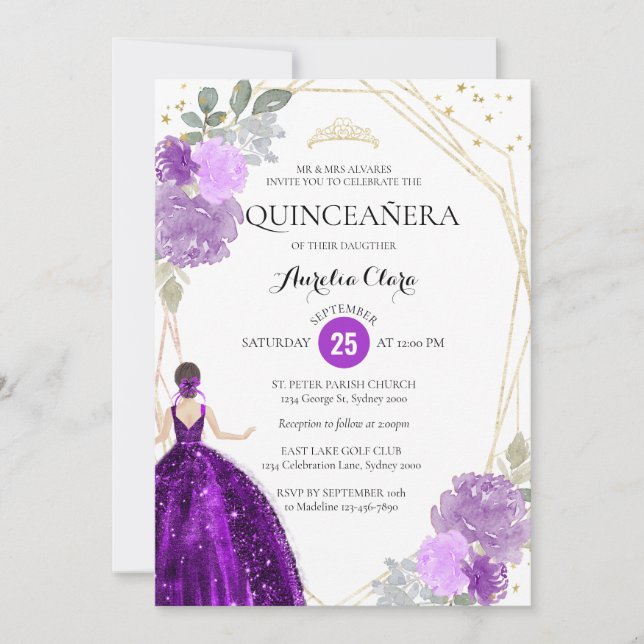 Chic Lila Violet Blommigt Geometric Quinceañera Inbjudningar (Framsida)
