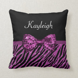 Chic Lila Zebra tryck FAUX Glitz Bow med Namn Kudde