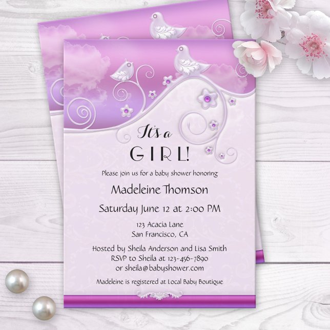 Chic Lilac Blommigt Bird Baby Shower-inbjudan Inbjudningar (Skapare uppladdad)