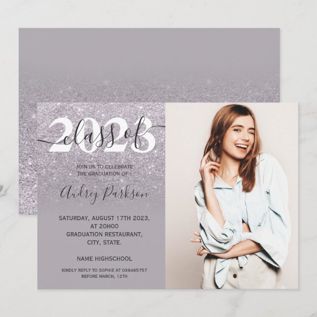 Chic lilac lila glitter ombre-foto studenten inbjudningar (Fram/baksida)