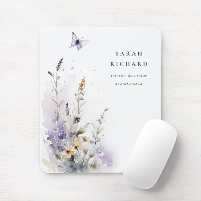 Chic Lilac Lila WildblomButterfly Watercolor Musmatta (Med mus)
