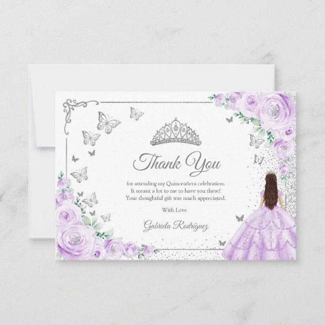 Chic Lilac Purple Roses Silver Quinceanera Tack Kort (Framsida)