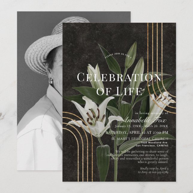Chic Lilies Firande of Life Funeral Memorial Inbjudningar (Fram/baksida)