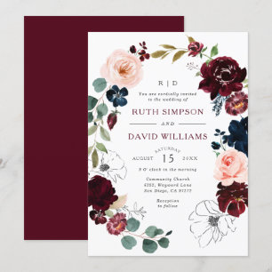 Chic Line Art Burgundy Navy Blommigt Blommar Bröll Inbjudningar