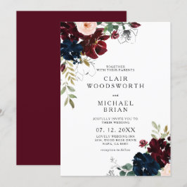 Chic Line Art Sketch Burgundy Navy Blommigt Bröllo Inbjudningar