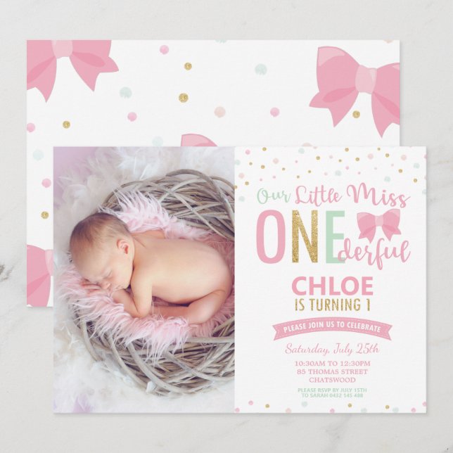 Chic Little Miss ONE001st Birthday Bows Photo Inbjudningar (Fram/baksida)