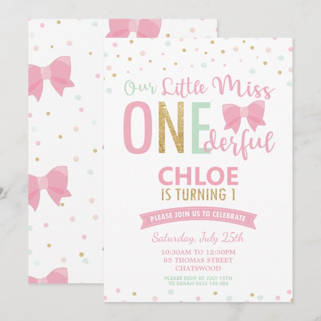 Chic Little Miss ONE001st Birthday Rosa Bows Inbjudningar (Fram/baksida)