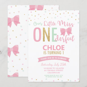 Chic Little Miss ONE001st Birthday Rosa Bows Inbjudningar