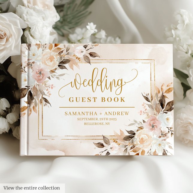 Chic Ljusa rosa Guld Ram bröllopsgäst Bok (Chic Light Pink Gold Frame Fall Wedding Guest Book)