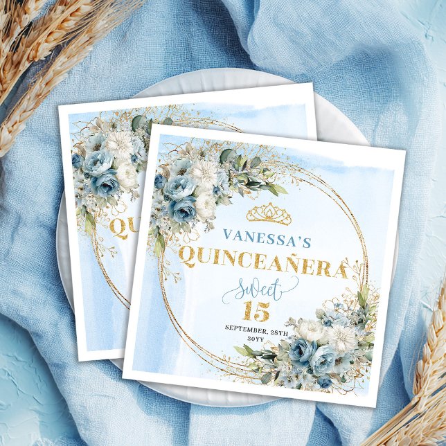 Chic Ljusblå Blommig Guldglitter 15-årsdag Pappersservett (Chic Light Blue Floral Gold Glitter 15th Birthday Napkins)