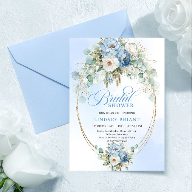 Chic Ljusblå Peony Guldaccent Bröllopsfest Inbjudningar (Chic Light Blue Peony Gold Accent Bridal Shower

)