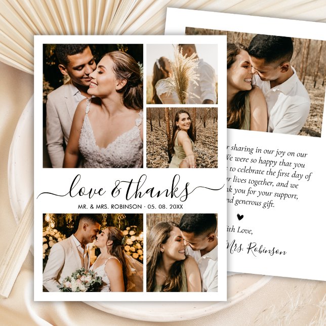 Chic Love and Thanks Script Photo Collage Wedding Tack Kort (Skapare uppladdad)