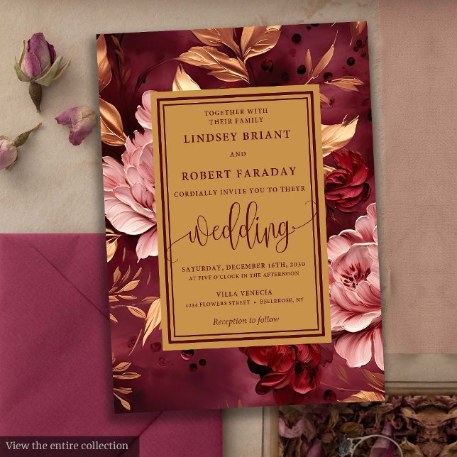 Chic Lux Burgundy  Guld Blommigt bröllopsinbjudan Inbjudningar (Chic Lux Burgundy Blush Gold Floral Wedding Invitation)