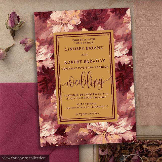 Chic Lux Burgundy  Guld Blommigt bröllopsinbjudan Inbjudningar (Chic Lux Burgundy Blush Gold Floral Wedding Invitation)