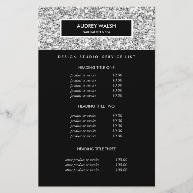 Chic Luxe Silver Glitter Salong Priser & Tjänster Flygblad (Framsidan)