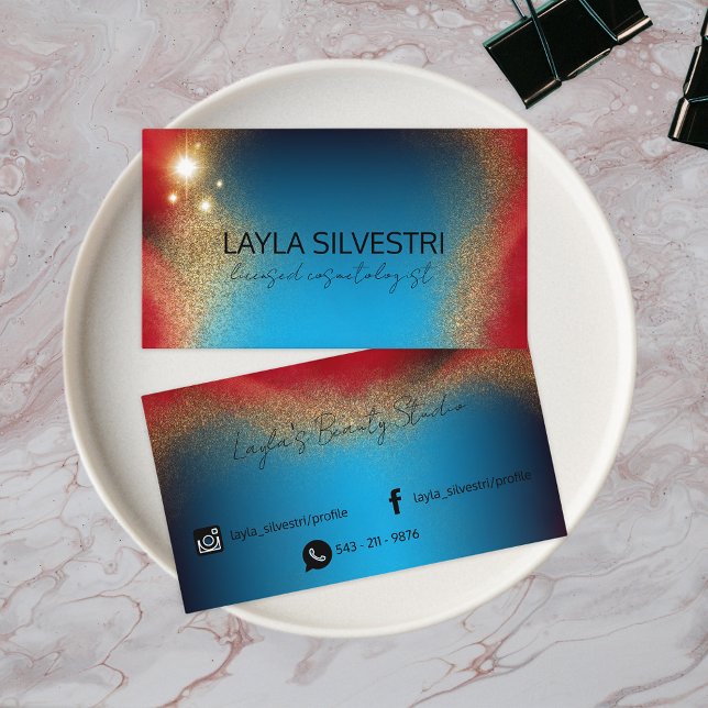 Chic Luxury Guld Glitter om blå och röd metall Visitkort (Skapare uppladdad)