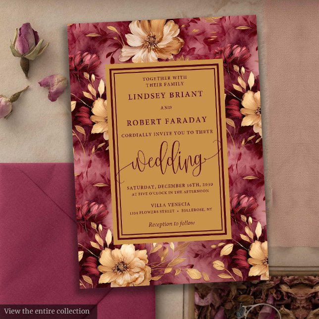 Chic Luxury Merlot Guld Blommigt Bröllopsinbjudan Inbjudningar (Chic Luxury Merlot Gold Floral Wedding Invitation)