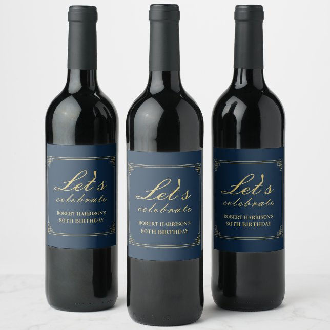 Chic Luxury Navy Gold 80th Birthday Vinflaska Etikett (Skapare uppladdad)