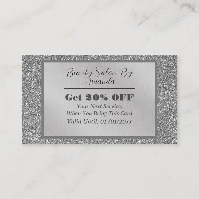 Chic Luxury Silver Foil Glitter Glamous Salon Rabattkort (Framsida)