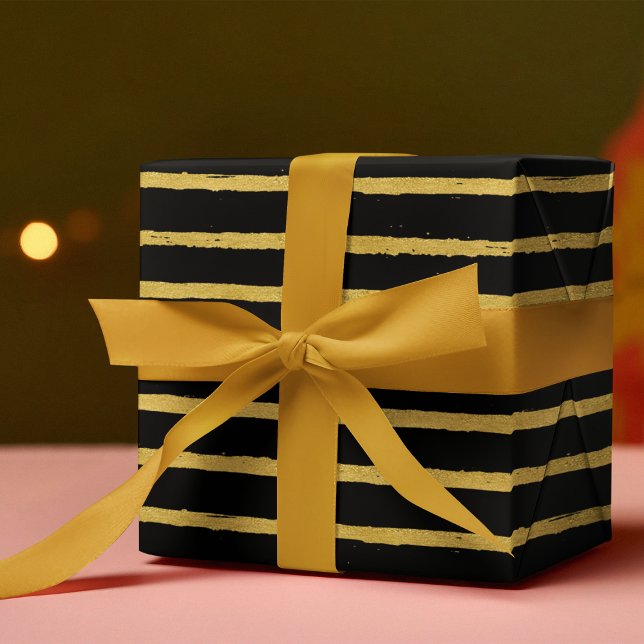 Chic Luxury Stripe Black & Guld Presentpapper (Skapare uppladdad)