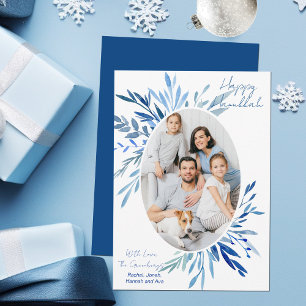 Chic Lycklig Hanukkah Blue Botanical Family Photo Julkort
