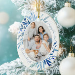 Chic Lycklig Hanukkah Family Photo Blue Julgransprydnad Keramik<br><div class="desc">Vacker blå vattenfärg botaniskt löv vår ut ur lodräts judiska familjefoto för en Lycklig Hanukkah-ornament. Anpassa den här chicen Chanukah-fotopresenten för helgdagarna.</div>