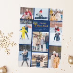 Chic Lycklig Hanukkah Family Photo Collage Blue Gu Julkort<br><div class="desc">Chic anpassade Judiska familjefotosamlingskort Hanukkah med en samling vinterfoton. Lägg till 9 av dina favoritfilmer i Chanukah-minnen i den här moderna 9-fotograflayouten runt ett skript från Menorah och guld. Lycklig Hanukkah.</div>