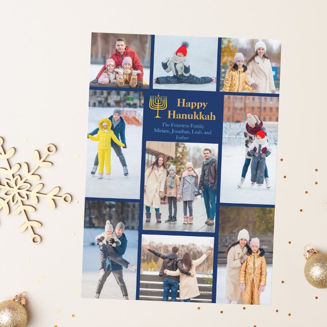 Chic Lycklig Hanukkah Family Photo Collage Blue Gu Julkort (Skapare uppladdad)
