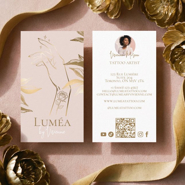 Chic Lyx Blush Rosa Guld Tatoveringsstudio Artist Visitkort (Chic Luxury Blush Pink Gold Tattoo Studio Artist Business Card)