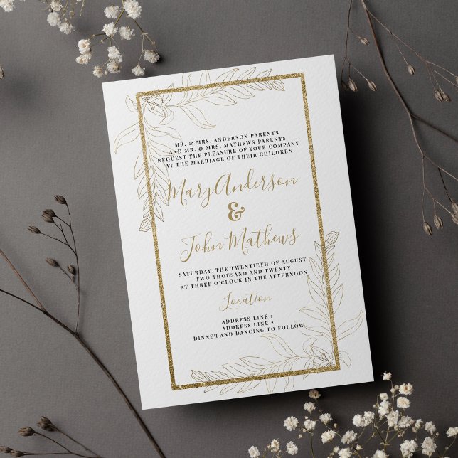 Chic lyx guld glitter bläckfisk Bröllop Inbjudningar (Chic luxury gold glitter foliage Wedding )