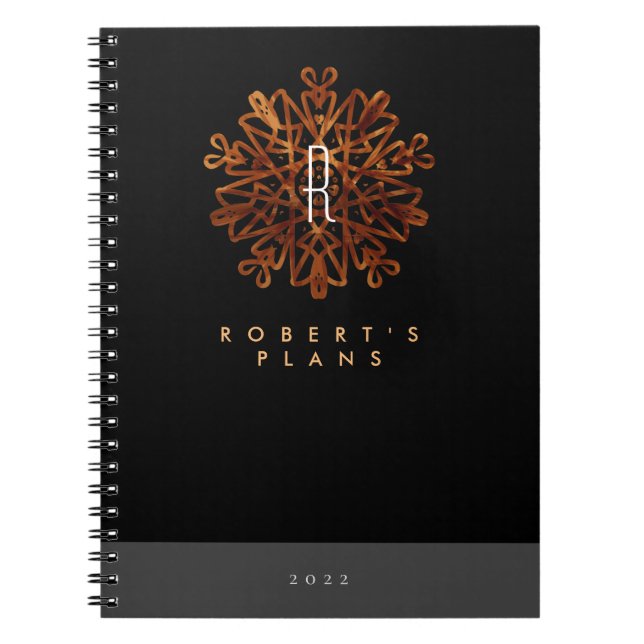 Chic lyxfärgad svart och guld ornat monogrammat anteckningsbok (Framsidan)