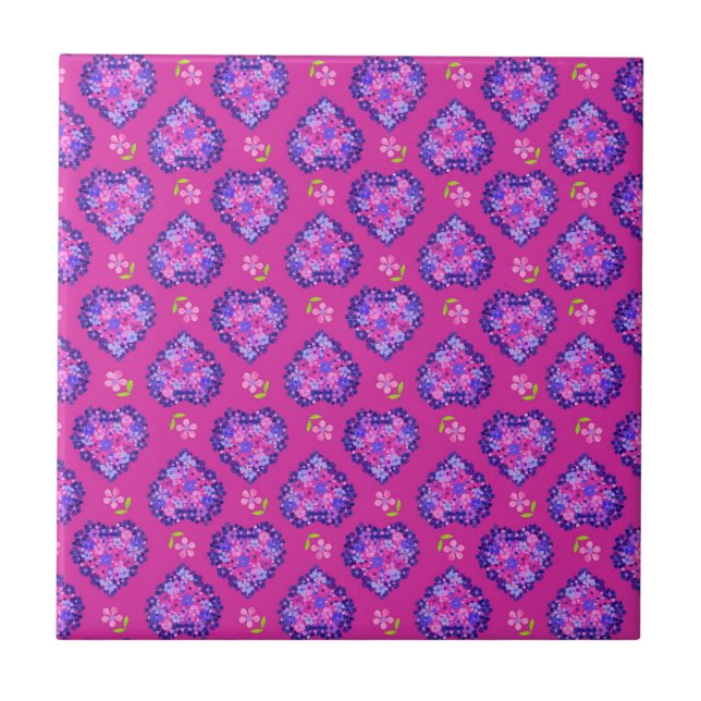 Chic Magenta Heards and Flowers Ceramic Tile Kakelplatta (Framsidan)