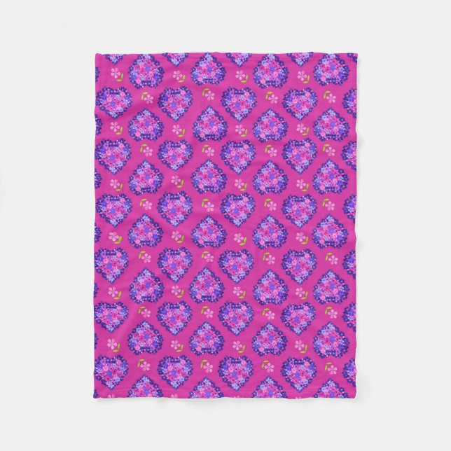 Chic Magenta Hearts and Flowers Fleece Blanket (Framsidan)